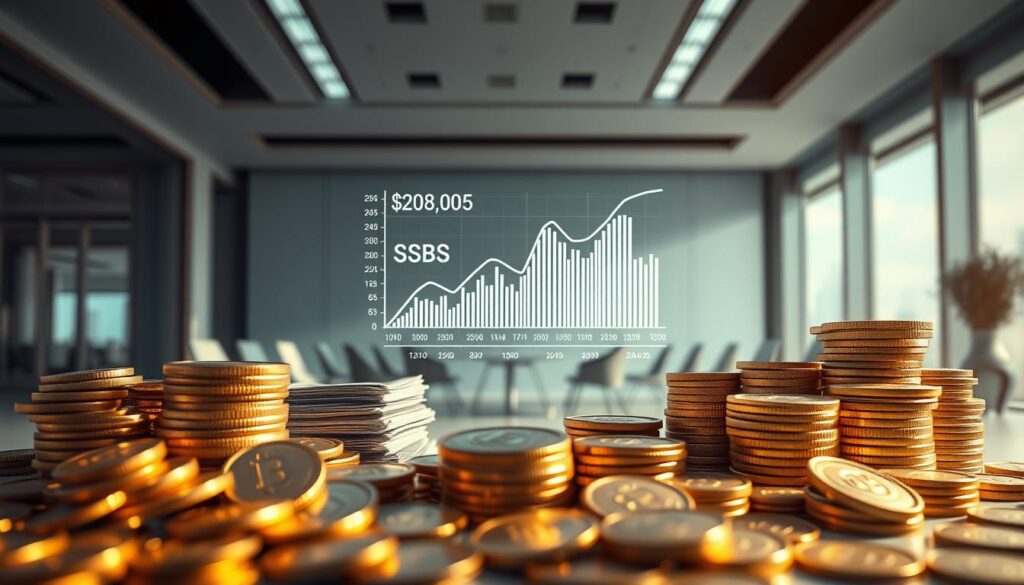 A high-key, cinematic scene showcasing the contrast between fixed deposits and Singapore Savings Bonds (SSBs). In the foreground, gleaming golden coins and stacks of cash represent the tangible nature of fixed deposits. In the middle ground, a holographic projection of a graph displays the interest rates and terms of SSBs. The background features a sleek, minimalist office setting with large windows, suggesting the digital, intangible aspect of SSBs. Soft, directional lighting casts dramatic shadows, emphasizing the distinct characteristics of these two investment options. The overall tone is one of financial sophistication and informed decision-making.