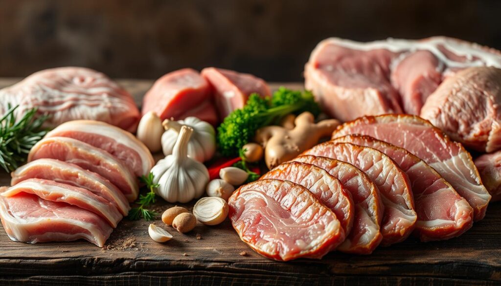 A high-quality close-up of premium pork ingredients, meticulously arranged on a rustic wooden surface, illuminated by soft, natural lighting. The foreground features a selection of premium pork cuts, including tender pork loin, succulent pork belly, and marbled pork chops, each showcasing their distinct textures and marbling. In the middle ground, various seasonings and aromatics, such as fresh garlic, ginger, and scallions, are artfully scattered, hinting at the flavorful preparation to come. The background subtly fades into a muted, earthy tone, allowing the pork's vibrant colors and the overall scene to take center stage, evoking a sense of culinary craftsmanship and attention to detail.
