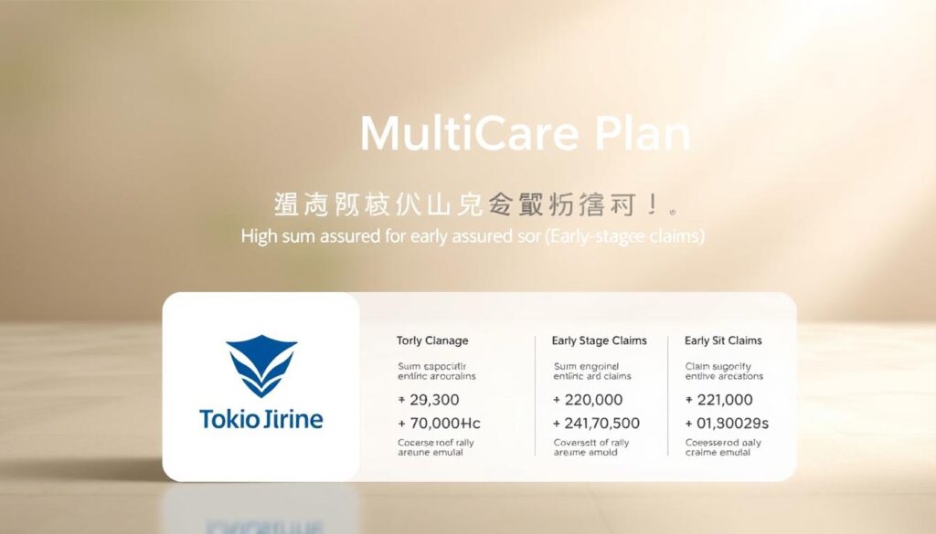 A high-quality illustration of the Tokio Marine MultiCare Plan, showcasing its key features in a clean, professional manner. The foreground depicts the plan's logo and name against a soft, blurred background, conveying a sense of trust and reliability. The middle ground features a detailed breakdown of the plan's coverage, including early-stage claim amounts, communicated through clear infographic-style elements. The background is a serene, minimalist scene with subtle patterns and textures, creating a calming, refined atmosphere that complements the overall presentation. Lighting is soft and diffused, with a warm, neutral color palette to enhance the plan's visual appeal. The overall composition is balanced, visually striking, and effectively communicates the plan's high sum assured for early-stage claims.
