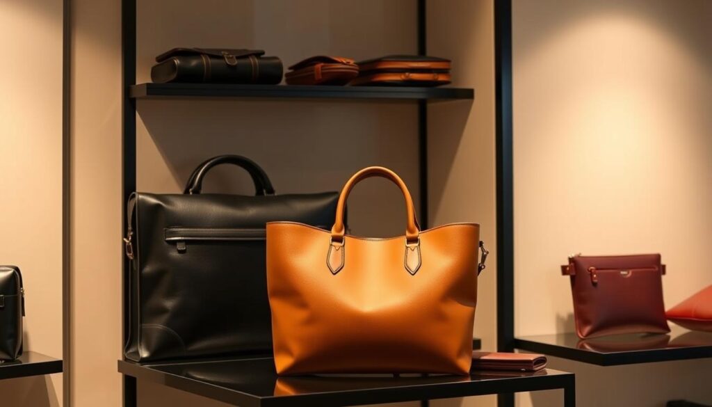 A high-quality leather goods store in Singapore, with a refined, minimalist aesthetic. On display are various Singaporean leather accessories - a sleek black leather briefcase, a structured tote bag in cognac, and a small pouch in a rich burgundy hue. The lighting is warm and flattering, casting a soft glow on the lustrous leather textures. The accessories are arranged thoughtfully, allowing their clean lines and premium craftsmanship to shine. The overall mood is one of understated luxury and timeless style, capturing the essence of Singapore's sophisticated design sensibilities.