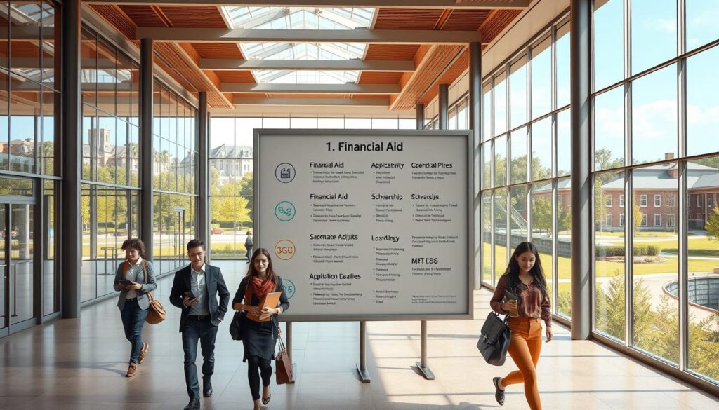 A high-quality, photorealistic image of a modern university campus building with a central atrium and glass-walled corridors. The foreground features well-dressed students walking through the spacious lobby, carrying books and laptops. The middle ground showcases a prominent display board highlighting various financial aid options, scholarships, and application deadlines. The background depicts a view of lush greenery and other academic buildings through the large windows, conveying a sense of an vibrant educational environment. The lighting is natural, with soft shadows and highlights accentuating the architectural details. The overall mood is one of academic prestige, opportunity, and a welcoming, supportive atmosphere for students.