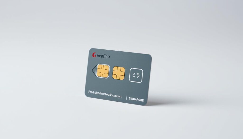 A high-quality, well-lit photograph of a prepaid SIM card from a major mobile network operator in Singapore, neatly displayed on a clean, neutral background. The SIM card is the focal point, showcasing its sleek design and clear branding. The image has a professional, minimalist aesthetic that highlights the product's key features and value proposition. The lighting is soft and diffused, creating a pleasant, even illumination that emphasizes the SIM card's details. The camera angle is slightly elevated, providing a clear, unobstructed view of the SIM card. The overall mood is one of simplicity, quality, and practicality, reflecting the reliable and convenient nature of the prepaid SIM service.