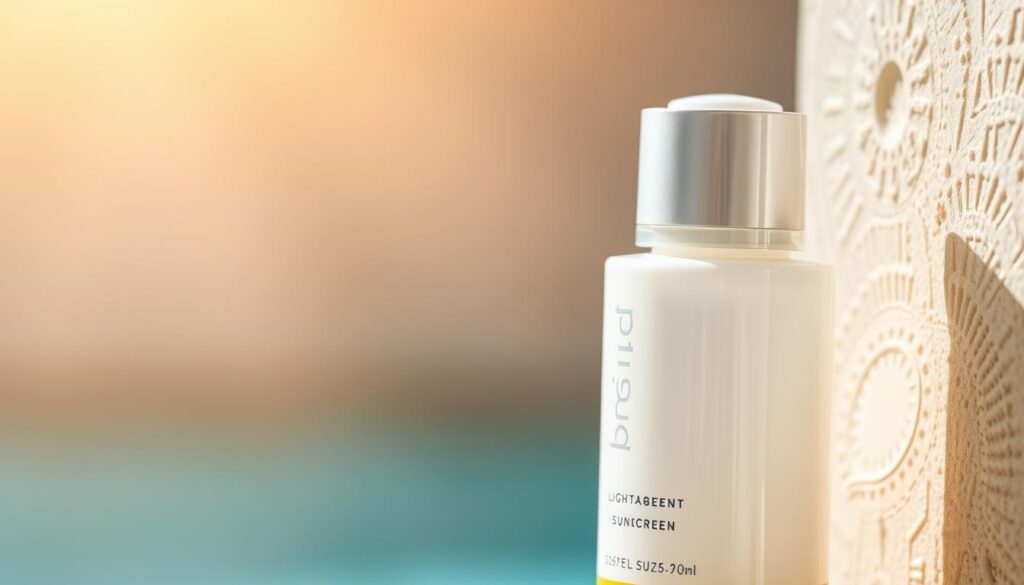 A high-resolution close-up image of a lightweight, hydrating sunscreen bottle for dry skin, set against a soft, blurred background. The sunscreen bottle has a pearly white, cream-colored body with a silver cap. The bottle is lit from the side, creating subtle highlights and shadows that accentuate the product's texture and premium appearance. The overall lighting is warm and inviting, with a slight bokeh effect to draw the viewer's attention to the sunscreen bottle. The image conveys a sense of luxury and efficacy, perfectly suited for a feature on the best sunblocks for dry skin in Singapore.