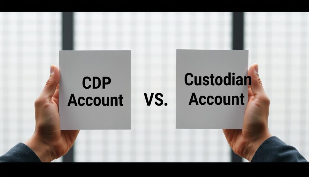A high-resolution, photo-realistic image depicting the comparison between a CDP (Central Depository) account and a custodian account for Singapore stock trading. The scene shows two hands, one holding a document labeled "CDP Account" and the other holding a document labeled "Custodian Account". The hands are positioned side-by-side against a neutral, slightly blurred background with a subtle grid pattern, suggesting a financial or analytical context. The lighting is soft and diffused, creating a sense of clarity and professionalism. The image conveys a clear contrast between the two account types, inviting the viewer to explore the differences between them.