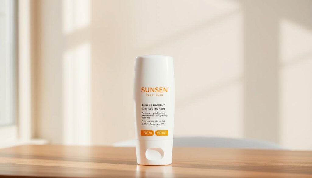 A high-resolution photograph of a bottle of sunscreen for dry skin, standing on a wooden table in natural daylight. The bottle has a sleek, minimalist design with a label that clearly indicates it is formulated for dry skin. The sunscreen is white in color and has a creamy, moisturizing texture. The background is blurred, showcasing the sunscreen as the focal point. The lighting is soft and diffused, creating a warm, inviting atmosphere. The image conveys a sense of quality, efficacy, and suitability for those with dry skin concerns.