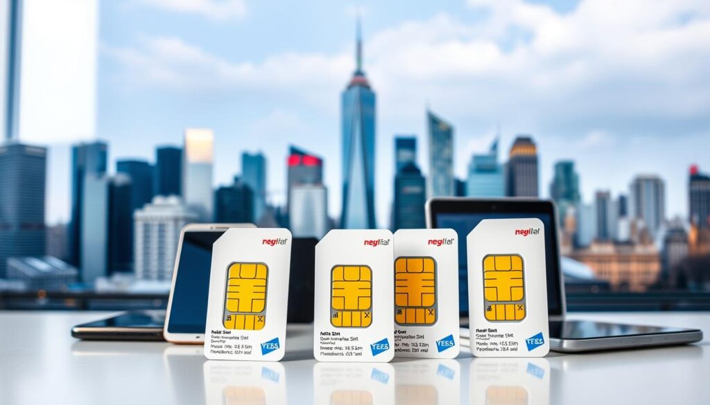 A high-resolution photograph of international SIM cards and mobile devices against a blurred, modern city skyline background. The SIM cards are prominently displayed in the foreground, showcasing their global coverage and connectivity. The middle ground features various mobile phones, tablets, and other devices, suggesting the versatility and compatibility of the SIM plans. The background depicts a vibrant, urban landscape with skyscrapers and a hint of activity, conveying a sense of international connectivity and mobility. The lighting is soft and natural, creating a clean, professional, and visually appealing composition.