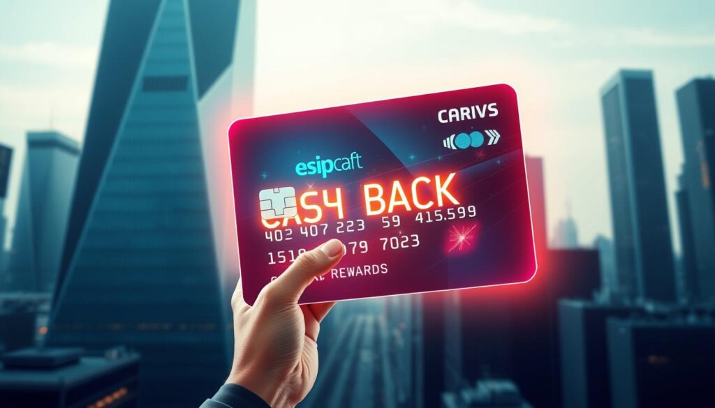 A high-tech, futuristic digital illustration depicting a large credit card in the foreground, glowing with vibrant cashback rewards displayed as shimmering animated graphics. In the middle ground, a person's hand holds the card, gesturing towards it with an expression of delight and satisfaction. The background features a sleek, minimalist cityscape with towering skyscrapers, hinting at the card's suitability for big-ticket urban purchases. The lighting is crisp, directional, and emphasizes the card's premium, high-end aesthetic. The overall mood is one of modern, sophisticated financial empowerment and the joy of maximizing cashback on major life expenses.