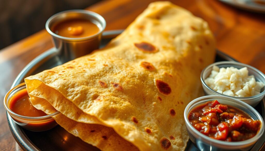 A humble yet enticing thosai platter with a golden-brown crepe, accompanied by an array of vibrant condiments. The thosai is freshly prepared, its crisp exterior giving way to a soft, pillowy interior. Surrounding the thosai are small bowls filled with a rich, coconut-based sambar, a tangy tamarind chutney, and a fragrant, minced coconut relish. The lighting is warm and inviting, creating a cozy ambiance that evokes the comforts of a local neighborhood eatery. The composition is balanced, with the thosai as the focal point, surrounded by the complementary condiments, all set against a subtly blurred background, allowing the viewer to focus on the delectable details.