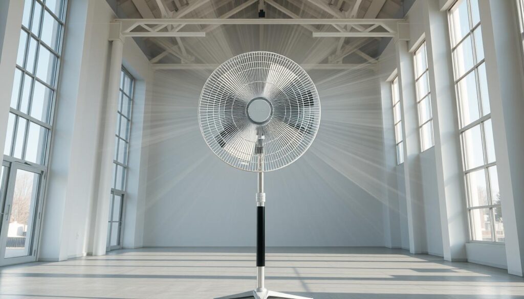 A large, modern standing fan casting powerful, high-velocity airflow across a spacious room. The fan's sleek, minimalist design features a tall, slender body and wide oscillating blades that spin rapidly, generating a strong, refreshing breeze. Bright, directional lighting illuminates the fan's polished metal finish, creating dynamic shadows and highlights that accentuate its form. The room is airy and open, with tall ceilings and large windows allowing natural light to flood the space, creating a bright, welcoming atmosphere. The fan is the central focus, positioned prominently to effectively cool the large room.