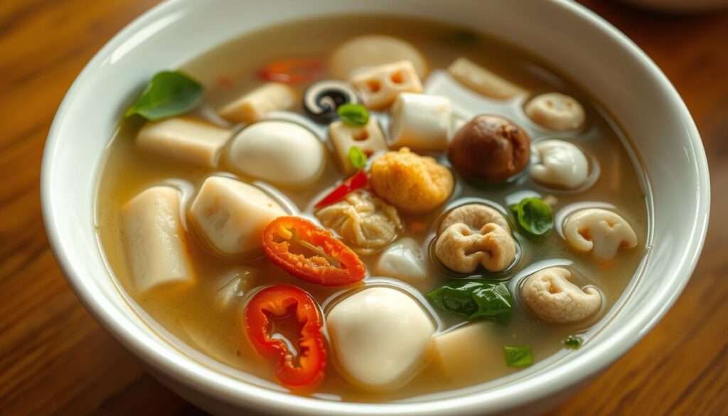 A large white bowl filled with an array of yong tau foo delicacies, gently floating in a steaming broth. In the foreground, plump tofu puffs, crisp fried fish balls, and sliced chili peppers add vibrant pops of color. The middle ground features soft, delicate bean curd skin rolls and succulent mushroom caps. In the background, a few leafy greens provide a fresh, verdant contrast. The lighting is soft and warm, casting a comforting glow over the scene. The overall atmosphere is one of soothing, homemade nourishment, inviting the viewer to savor the depth of flavors in this classic Singaporean dish.