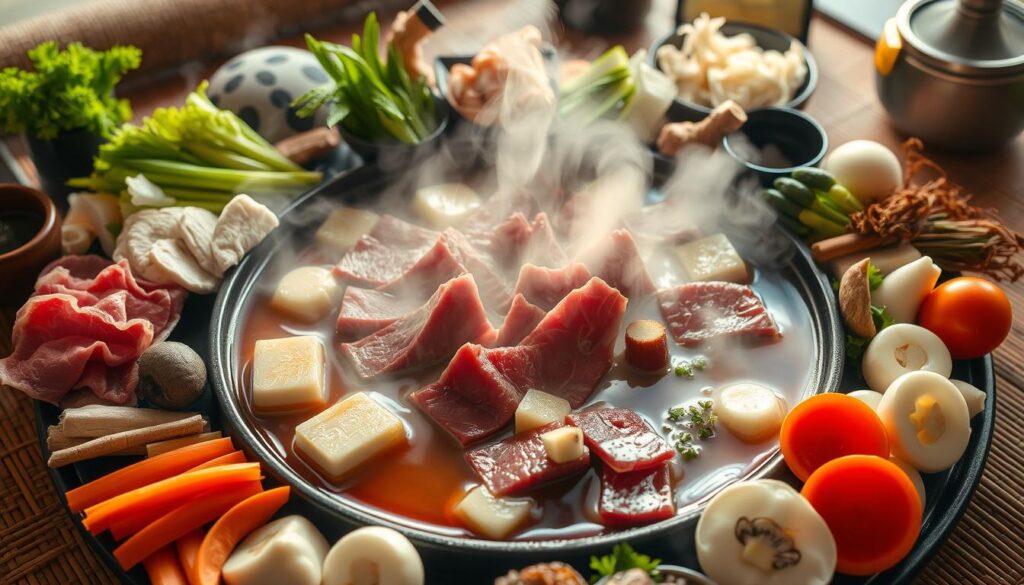 A lavish, artfully-arranged spread of premium wagyu sukiyaki, bathed in a warm, inviting glow. The thinly-sliced beef simmers in a rich, soy-based broth, surrounded by an array of fresh vegetables, silky tofu, and delicate mushrooms. The steam rises, creating an atmospheric haze. A bamboo mat and Japanese-inspired tableware set the stage, hinting at the authentic culinary experience. The composition is balanced, with the ingredients skillfully arranged to showcase their textures and colors. This sumptuous scene captures the essence of a premium sukiyaki dish, enticing the viewer to imagine the umami-filled flavors and luxurious mouthfeel.