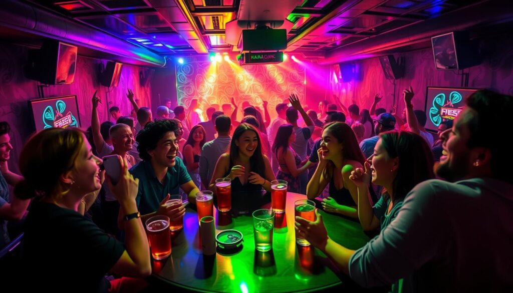 A lively karaoke lounge with a colorful, neon-lit stage and enthusiastic partygoers singing and dancing to upbeat tunes. In the foreground, a group of friends gathered around a table, drinks in hand, belting out the lyrics with infectious energy. Behind them, the dance floor is alive with people moving to the rhythm, their silhouettes illuminated by the pulsing, multicolored lights. In the background, the walls are adorned with vibrant, music-themed decor, creating a festive, party atmosphere. The scene is captured with a wide-angle lens, allowing the viewer to fully immerse themselves in the vibrant, music-filled celebration.