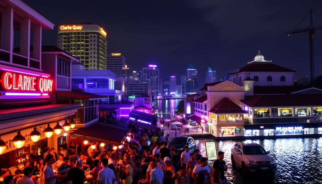 A lively scene of Clarke Quay at night, with vibrant neon signs illuminating the bustling waterfront promenade. In the foreground, people spill out from lively bars and restaurants, drinks in hand, enjoying the energetic atmosphere. The middle ground features a mix of modern architectural structures and traditional shophouses, creating a visually striking contrast. In the background, the Singapore River winds its way through the cityscape, reflecting the colorful lights above. The overall mood is one of excitement and urban nightlife, capturing the essence of Clarke Quay as a premier dining and entertainment destination.