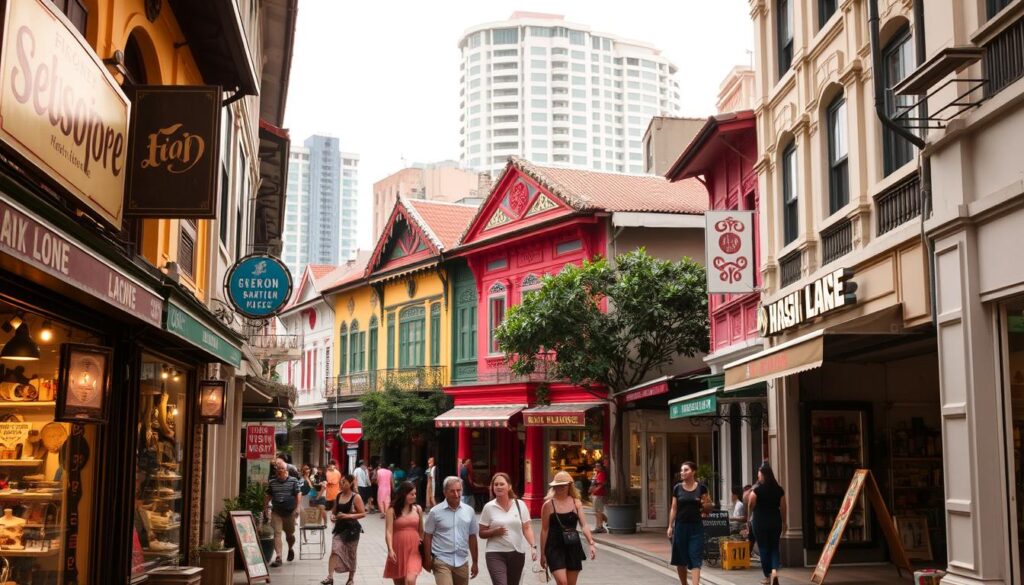 A lively street scene along Haji Lane, Singapore's famous hipster and vintage shopping district. In the foreground, the vibrant facades of charming boutiques displaying an eclectic array of retro fashion, antique trinkets, and unique homeware. Pedestrians casually stroll by, taking in the quirky, bohemian atmosphere. Mid-ground, a row of colorful, quaint shophouses, their vintage signage and ornate architectural details creating a nostalgic, timeless ambiance. In the background, the modern cityscape of Singapore subtly emerges, juxtaposing old and new. Warm, soft lighting casts a golden glow, enhancing the vintage, romantic mood. Captured with a wide-angle lens to showcase the bustling energy and character of this iconic Singaporean shopping destination.