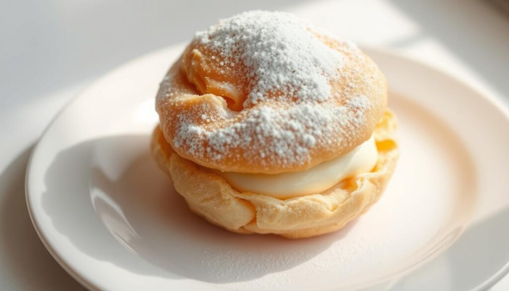 A luscious, golden-brown cream puff sits on a pristine white plate, its surface glistening with a light dusting of powdered sugar. The delicate choux pastry shell is perfectly crisp, revealing a smooth and creamy interior that beckons to be savored. Soft natural lighting casts a warm, inviting glow, highlighting the puff's irresistible texture and inviting the viewer to imagine the satisfying first bite. The composition is centered, allowing the classic cream puff to take center stage, a timeless and beloved dessert that has stood the test of time.
