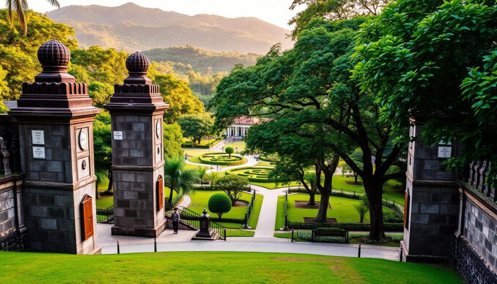 A lush green oasis in the heart of Singapore, Fort Canning Park showcases the island's rich history. In the foreground, the iconic gates and stone walls of the historic fort stand tall, their weathered facades exuding a sense of timeless grandeur. The middle ground reveals well-manicured paths winding through verdant gardens, dotted with ancient trees and heritage markers. In the background, the park's rolling hills provide a serene natural backdrop, the warm afternoon sunlight casting a golden glow over the entire scene. Capture the harmonious blend of Singapore's past and present, where the peaceful ambiance invites visitors to explore the park's historic landmarks and immerse themselves in its captivating narrative.