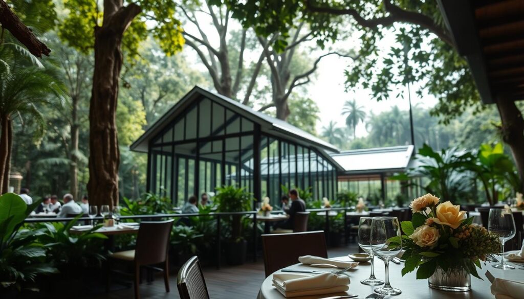 A lush, nature-inspired dining scene at the Singapore Botanic Gardens. In the foreground, a beautifully appointed table setting with elegant tableware and lush floral arrangements. In the middle ground, a modern, glass-walled restaurant pavilion blending seamlessly with the verdant surroundings. The background features the iconic rainforest-like greenery of the Gardens, with dappled sunlight filtering through the canopy. The overall atmosphere is one of tranquility, sophistication, and a connection to nature. Captured with a wide-angle lens to emphasize the harmonious integration of the dining space and the picturesque landscape.