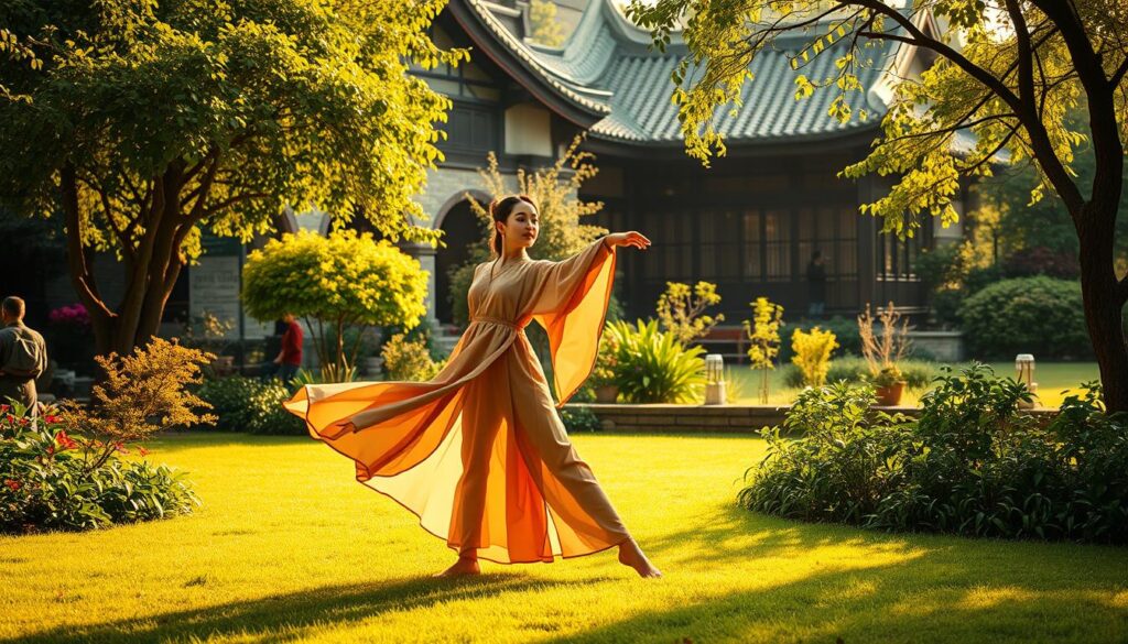 A lush, serene garden scene with a traditional Chinese medicinal clinic in the background. In the foreground, a graceful woman in flowing robes performs a series of gentle, fluid movements - a TCM-inspired slimming routine. Warm, golden lighting illuminates her poised figure, casting soft shadows across the verdant landscape. The atmosphere is one of tranquility and holistic wellness, inviting the viewer to experience the harmonious integration of ancient Eastern practices and modern aesthetic sensibilities.