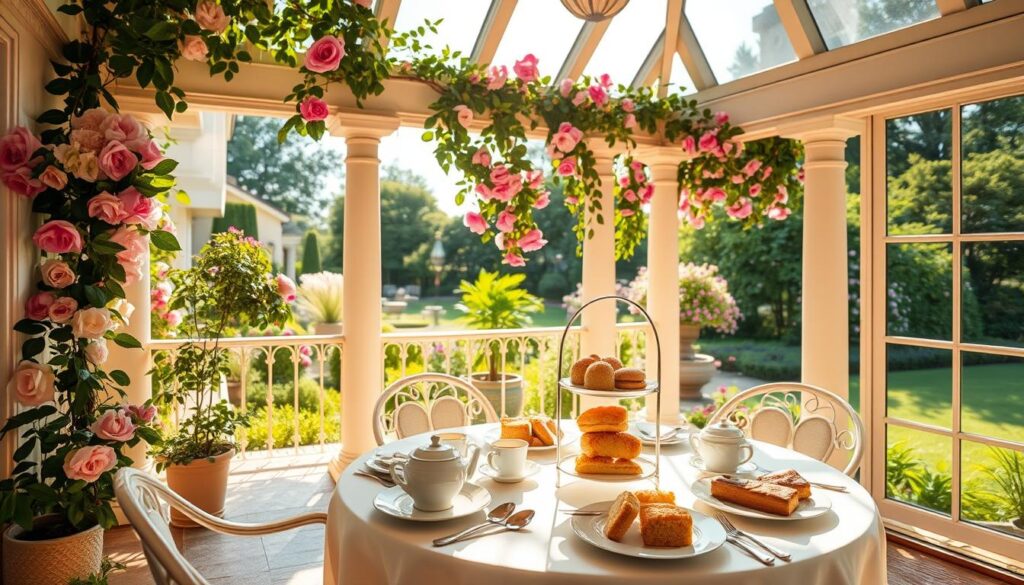 A lush, sun-dappled veranda, adorned with cascading rose vines and delicate garden blooms. A table set for afternoon tea, adorned with fine china, silver cutlery, and an array of delectable pastries and scones. Soft, warm light filters through the glass panes, casting a golden glow over the scene. The inviting atmosphere exudes a sense of elegance and tranquility, beckoning guests to indulge in the refined pleasures of a Shangri-La high tea experience. The camera captures this serene oasis in a high-resolution, wide-angle composition that showcases the veranda's architectural details and the verdant, blooming garden beyond.