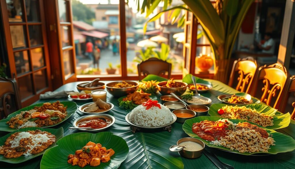 A lush, verdant banana leaf-adorned table setting in the heart of Little India, bathed in warm, golden light and evoking the vibrant, aromatic atmosphere of a traditional vegetarian Indian feast. The foreground features an array of colorful, freshly prepared dishes - fragrant curries, hearty dals, flavorful rice, and an assortment of chutneys and condiments. The middle ground showcases the intricate banana leaf plates, complemented by traditional copper or brass serving utensils. In the background, glimpses of the bustling Little India streetscape can be seen through large, open windows, hinting at the cultural richness of the surrounding neighborhood.