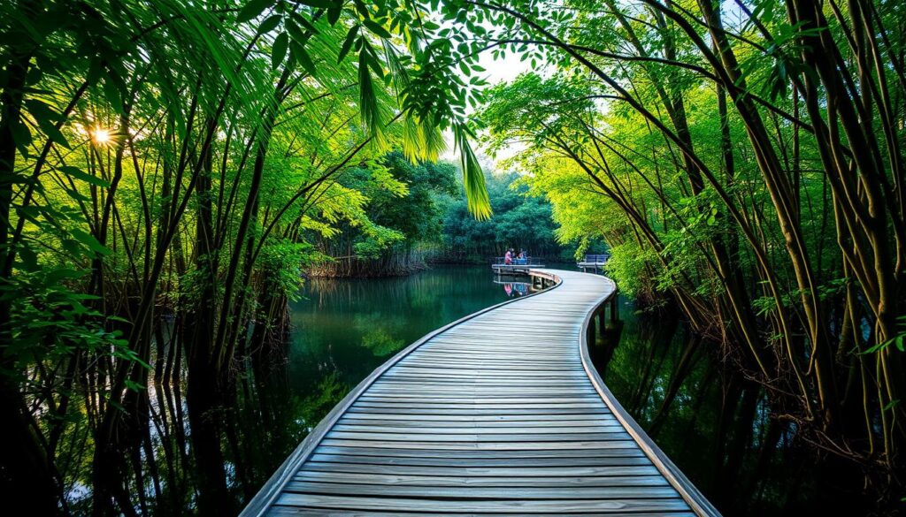 A lush, verdant mangrove boardwalk winding through the serene Pasir Ris Park, the warm sun filtering through the dense foliage. In the foreground, the wooden planks of the boardwalk lead the eye deeper into the tranquil setting, with vibrant green mangrove trees lining the path. In the middle ground, the boardwalk crosses a placid creek, the still water reflecting the surrounding greenery. In the background, the dense canopy of the mangrove forest creates a soothing, natural atmosphere, inviting visitors to immerse themselves in the beauty of this family-friendly Singapore destination. Captured with a wide-angle lens to showcase the expansive, peaceful ambiance of this serene natural oasis.