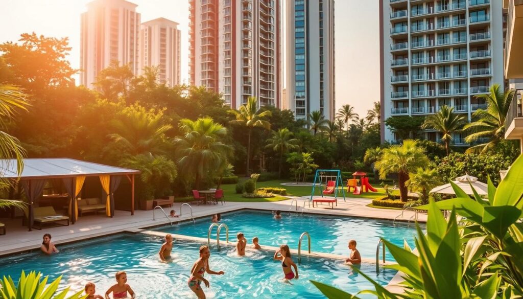 A lush, verdant oasis nestled amid modern high-rises, showcasing a family-friendly retreat with an inviting pool, sun-dappled patio, and well-appointed cabanas. In the foreground, children frolic and splash, their laughter filling the air. The middle ground features a colorful playground, with swings and a jungle gym, surrounded by vibrant, well-manicured gardens. In the background, the silhouettes of sleek, contemporary hotel buildings rise, creating a harmonious blend of urban sophistication and natural serenity. The lighting is soft and warm, casting a golden glow that envelops the entire scene, evoking a sense of relaxation and comfort. The overall atmosphere exudes a welcoming and family-centric ambiance, perfect for a memorable staycation experience.
