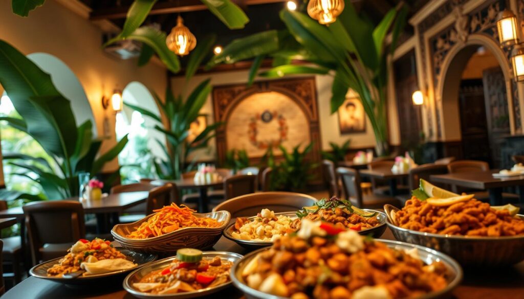 A lush, vibrant banana leaf apolo restaurant interior, with a focus on the signature dishes. Soft, warm lighting illuminates the scene, casting a cozy, inviting atmosphere. The foreground features a selection of traditional Indian dishes, expertly plated and garnished, showcasing the rich flavors and colors of the cuisine. In the middle ground, wooden tables and chairs, adorned with intricate patterns and textures, invite diners to savor the culinary experience. The background subtly incorporates elements of Indian architecture, such as arched doorways and ornate wall decorations, creating an authentic and immersive dining environment.