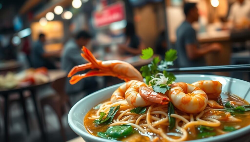 A lush, vibrant bowl of Michelin-recommended "Whitley Road Big Prawn Noodle" in the foreground, with succulent prawns, thick noodles, and a savory broth. Vibrant greens, fresh herbs, and crunchy bean sprouts add depth and texture. Soft, diffused lighting illuminates the dish, casting a warm, inviting glow. The background is slightly blurred, hinting at a bustling Singaporean hawker center, with the faint sounds of conversation and sizzling woks. The composition emphasizes the dish's artful presentation, showcasing its Michelin-worthy status.