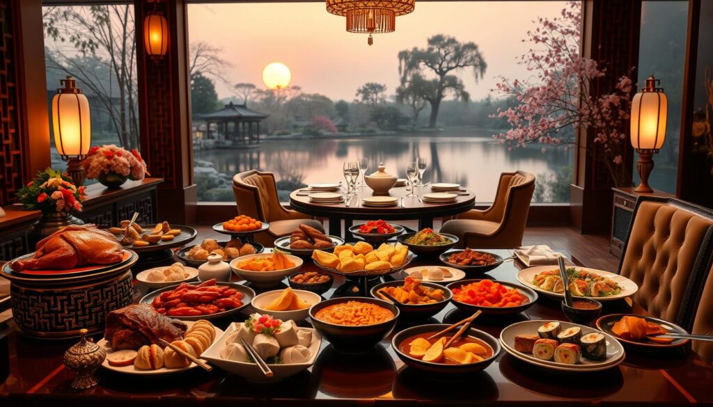 A luxurious Asian-inspired Christmas dining scene. In the foreground, a sumptuous buffet table laden with vibrant dishes - roasted Peking duck, steaming dumplings, colorful sushi platters, and fragrant curries. Delicate porcelain plates and lacquered chopsticks complement the spread. Warm, ambient lighting casts a golden glow, while elegant lanterns and ornate centerpieces create a festive atmosphere. In the middle ground, plush velvet upholstered chairs surround a polished wooden table, set with crisp white linens and sparkling glassware. The background features a serene Oriental landscape - a tranquil pond reflecting the warm hues of a setting sun, surrounded by graceful bamboo and cherry blossom trees. An enchanting, harmonious fusion of East and West, perfect for a memorable Christmas celebration.
