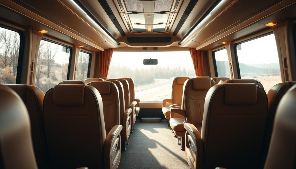 A luxurious bus interior with plush, soft leather seats arranged in a spacious, comfortable layout. The seats feature ample legroom and recline gently, inviting passengers to relax and unwind during their journey. Warm, indirect lighting creates a soothing ambiance, while large windows allow natural light to flood the cabin, offering scenic views outside. The clean, modern design is accented by subtle metallic trims, creating an overall impression of high-end sophistication. The scene is captured with a wide-angle lens to showcase the generous space and premium feel of the bus's interior.