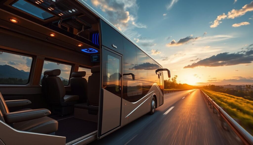 A luxurious coach glides along a scenic highway, its sleek exterior gleaming in the warm evening light. The spacious interior is adorned with plush leather seating, ample legroom, and state-of-the-art entertainment systems, creating a comfortable and indulgent travel experience. Soft mood lighting casts a cozy ambiance, while large panoramic windows offer passengers breathtaking views of the lush countryside. The coach's aerodynamic design and powerful engine ensure a smooth, efficient journey, catering to the discerning needs of the modern traveler. This is a premium bus service, offering a touch of elegance and sophistication for the discerning commuter between Singapore and Kuala Lumpur.