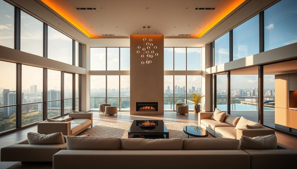 A luxurious condo penthouse with panoramic city views, bathed in soft, warm lighting from floor-to-ceiling windows. The open-concept living area features contemporary furnishings, sleek lines, and plush seating, creating a refined, elegant atmosphere. In the center, a modern fireplace mantel acts as a focal point. The kitchen, visible through a wide archway, is equipped with high-end, stainless steel appliances. The outdoor terrace, accessible through sliding glass doors, offers breathtaking vistas of the Singapore skyline, with lush greenery and a sparkling infinity pool in the foreground. Overall, the space exudes a sense of refined sophistication and opulence, befitting the finest luxury condominiums.