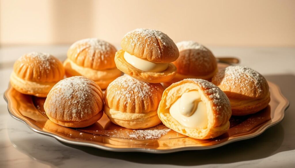 A luxurious display of cream puffs in Singapore, presented on a gleaming silver platter. The pastries feature a golden-brown choux crust, delicately dusted with powdered sugar, revealing a rich, silky cream filling within. The scene is bathed in soft, warm lighting, casting a gentle glow and highlighting the intricate details of the desserts. The puffs are artfully arranged, some standing tall, others nestled together, creating a visually stunning and appetizing composition. The background is a serene, minimalist backdrop, allowing the focus to remain solely on the exquisite cream puffs, the stars of this elegant culinary showcase.