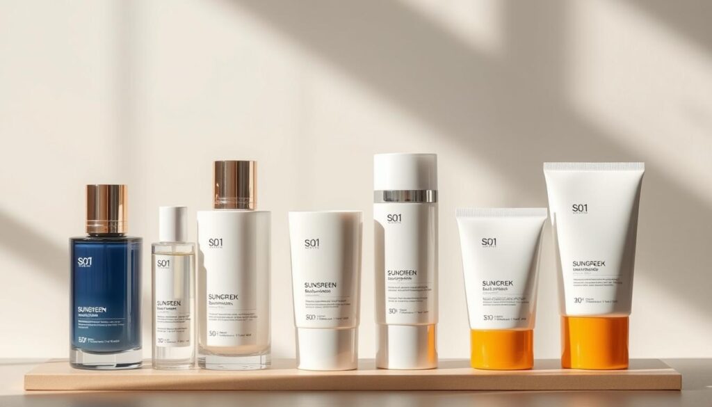 A luxurious display of premium Korean sunscreens showcased against a serene, minimalist backdrop. Meticulously crafted glass bottles in sleek, modern designs catch the soft, natural light, casting subtle shadows and highlights that accentuate their elegant forms. The products are arranged with precision, creating a visually striking composition that exudes a sense of refined sophistication. The color palette is muted and harmonious, with hints of neutral tones and subtle accents that complement the high-quality, premium nature of the skincare items. The overall mood is one of understated luxury, inviting the viewer to experience the exceptional quality and efficacy of these top-tier Korean sunscreen formulations.
