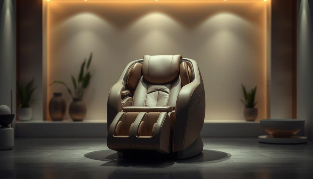 A luxurious massage chair in a serene, well-lit spa-like setting. Sleek, high-end design with plush, supple leather upholstery in a muted, neutral color palette. Subtle ambient lighting creates a soothing, calming atmosphere. The chair is positioned in the center of the frame, with a blurred, minimalist background featuring clean lines and natural elements like potted plants or a simple water feature. The overall impression is one of refined elegance and indulgence, evoking a sense of relaxation and rejuvenation.