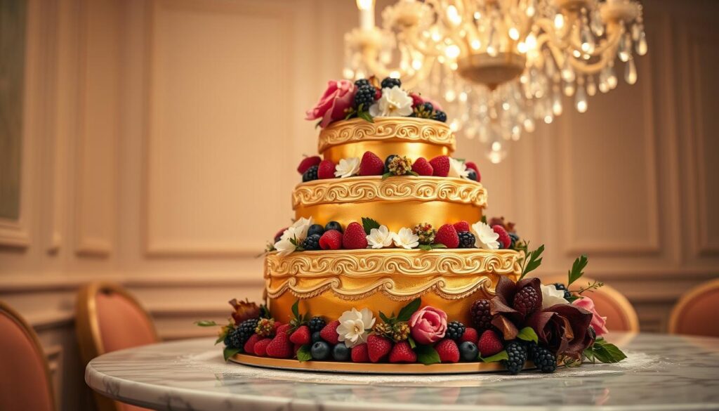 A luxurious, multi-tiered fruit cake stands elegantly on a marble-topped table, adorned with intricate sugar flowers and delicate piping. The cake's golden exterior shimmers under the warm, diffused light of a chandelier overhead, casting a soft, romantic glow. Carefully placed fresh berries, edible gold leaf, and a dusting of powdered sugar add depth and texture, creating a visually stunning centerpiece. The scene is captured with a shallow depth of field, drawing the viewer's eye to the exquisite details of this opulent, celebratory dessert.