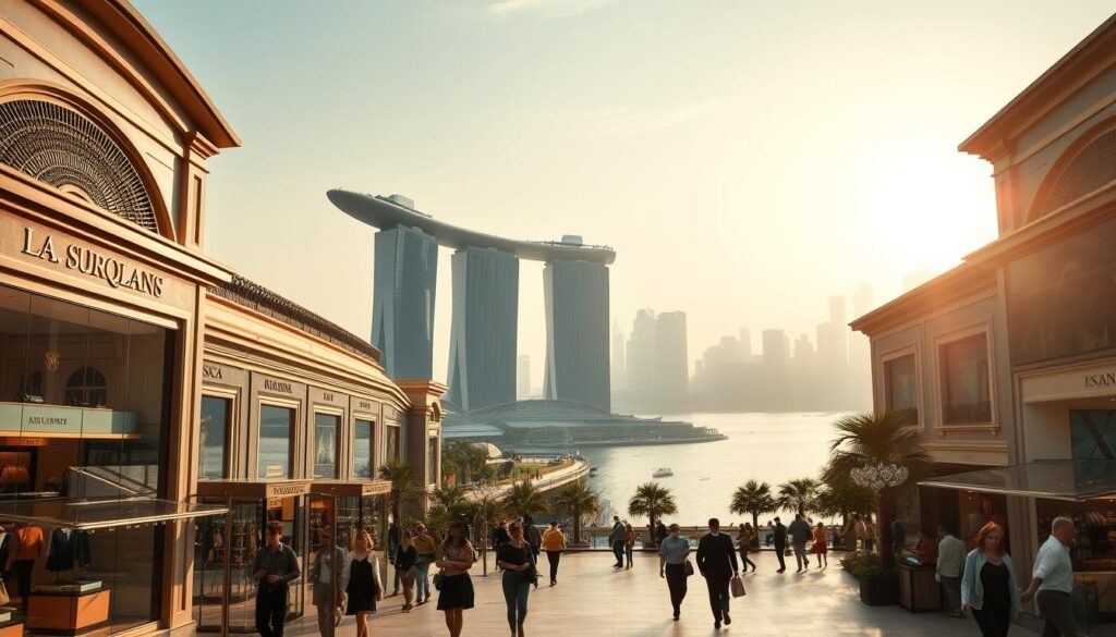 A luxurious scene of high-end fashion shopping at Marina Bay Sands, Singapore. In the foreground, elegant boutiques with meticulously displayed luxury goods line a grand, sun-dappled promenade. Shoppers stroll leisurely, admiring the latest designer collections through expansive glass storefronts. In the middle ground, the iconic curved towers of Marina Bay Sands rise majestically, their reflections shimmering on the tranquil waters of the bay. The background features a hazy skyline of modern skyscrapers, bathed in a warm, golden glow from the setting sun. The overall atmosphere exudes a sense of affluence, sophistication, and the exceptional shopping experience that defines Marina Bay Sands.