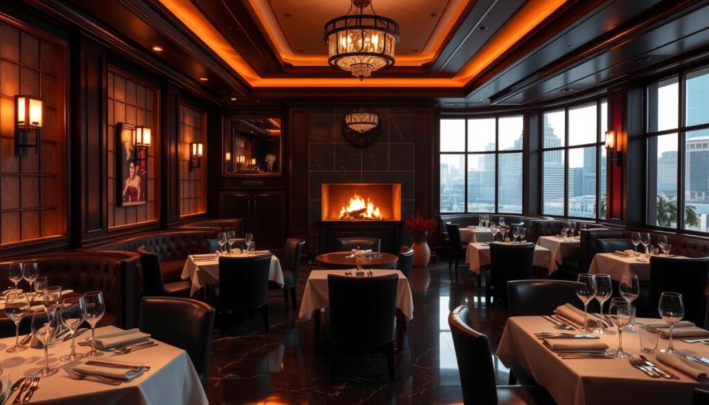 A luxurious steakhouse ambiance with a warm, inviting atmosphere. Dimly lit with soft, golden lighting casting a cozy glow over plush leather seating and dark wood furnishings. Polished marble floors lead to a focal point of a blazing fireplace, its flames dancing and casting flickering shadows. The air is filled with the mouthwatering aroma of sizzling steak, expertly grilled to perfection. Crystal glassware and crisp white linens adorn elegantly set tables, creating an air of sophistication. Large windows offer a glimpse of the bustling city outside, yet this sanctuary feels like a world of its own, a haven for discerning diners seeking an exceptional steak experience.