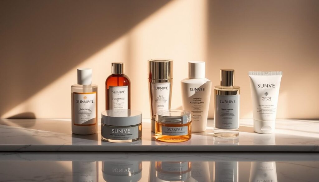 A luxurious still life scene featuring an assortment of high-end sunscreens arranged on a sleek, minimalist marble surface. The products are presented in elegant glass bottles and jars, their labels showcasing sophisticated typography and design. Soft, warm lighting emanates from the side, casting gentle shadows and highlights that accentuate the premium textures and packaging. The background is a neutral, muted color palette, allowing the sunscreens to take center stage as the focal point. An air of indulgence and exclusivity permeates the image, capturing the essence of "luxury sunscreens worth the splurge."