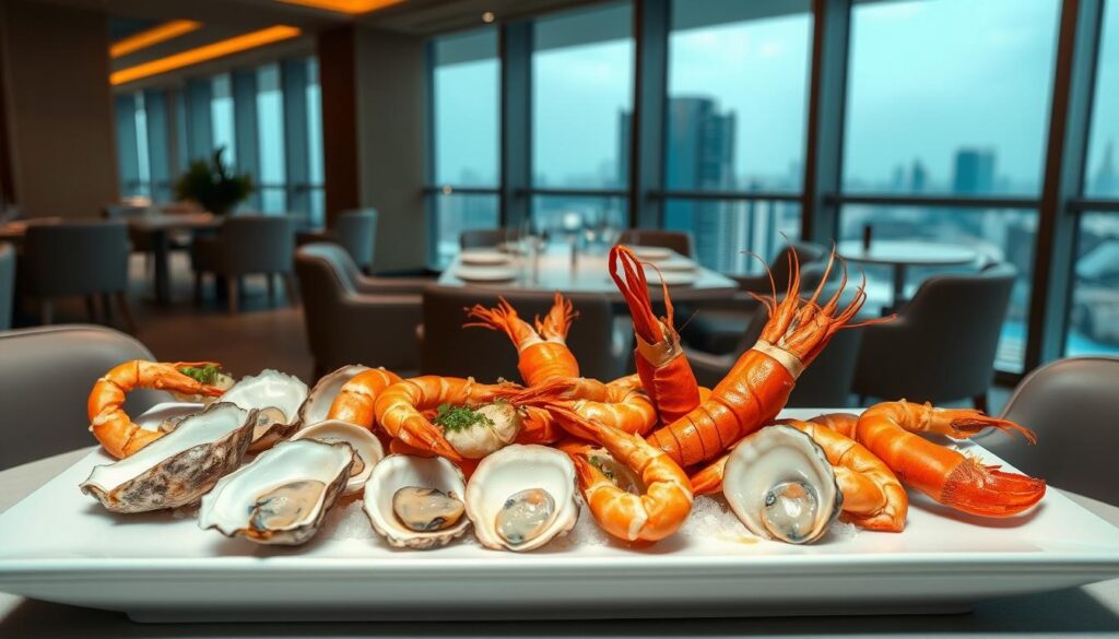A luxurious table setting showcasing an assortment of fresh, glistening shellfish against the backdrop of a chic, minimalist Singapore restaurant interior. In the foreground, an elegant array of oysters, prawns, and lobster tails are artfully arranged on a pristine white platter, their vibrant colors and textures highlighting their exquisite quality. The middle ground features a sleek, modern dining table with clean lines and a subtle, natural wood finish, surrounded by plush, contemporary seating. The background showcases a panoramic view of the Singapore skyline through floor-to-ceiling windows, casting a warm, golden glow and creating a sense of exclusivity and sophistication. Soft, directional lighting illuminates the scene, casting dramatic shadows and highlighting the luxurious textures of the seafood.