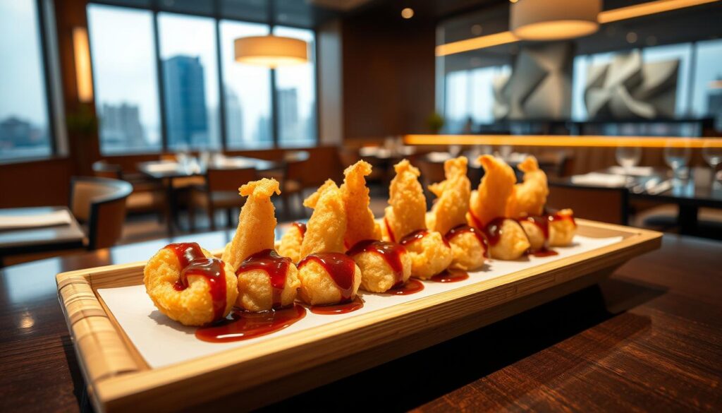 A luxurious tempura restaurant in Singapore, featuring a delicate and artful presentation. In the foreground, a bamboo tray holds a selection of perfectly crisp tempura pieces, each drizzled with a glossy, umami-rich sauce. The middle ground showcases a minimalist, yet refined dining space, with clean lines, warm lighting, and subtle Japanese-inspired decor. In the background, a blurred vista of the city skyline, hinting at the restaurant's upscale urban setting. The overall mood is one of sophisticated indulgence, where each tempura morsel is savored with reverence. Captured with a shallow depth of field, using a medium-format camera lens to create a sense of exclusivity and attention to detail.