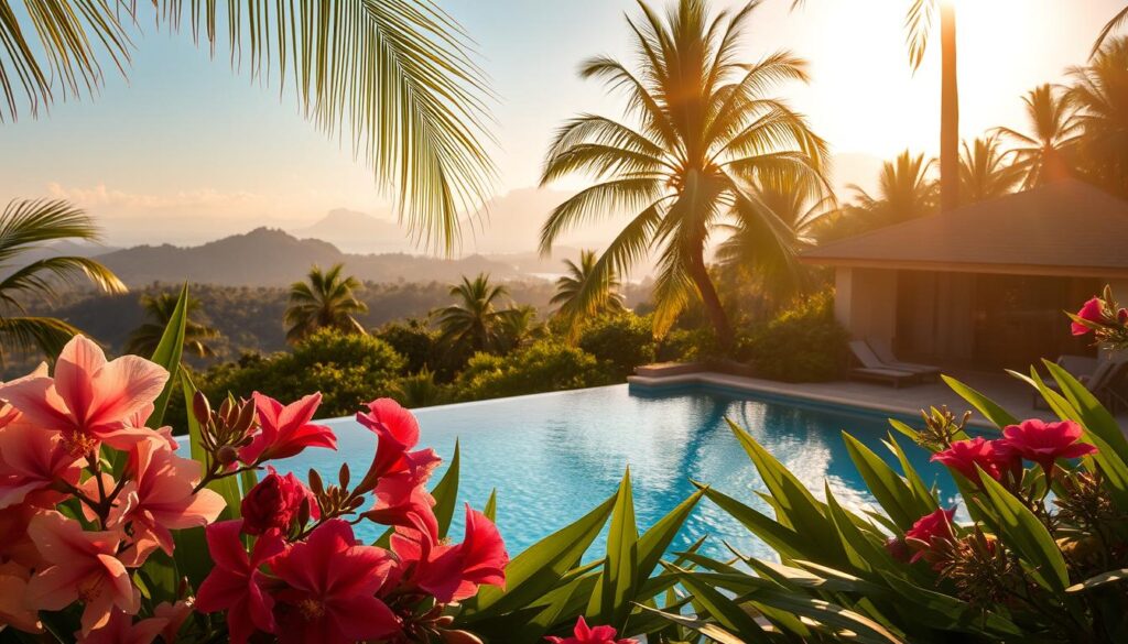 A luxurious tropical paradise, bathed in warm, golden light. In the foreground, an array of fragrant flowers and lush foliage - exotic orchids, vibrant hibiscus, and verdant palm fronds. The middle ground reveals a serene, sparkling pool, its crystal-clear waters reflecting the captivating scene. In the background, a sprawling tropical landscape, with towering mountains and a hazy, distant horizon. The atmosphere is one of tranquility and indulgence, inviting the viewer to immerse themselves in the captivating scents and serenity of this tropical oasis.
