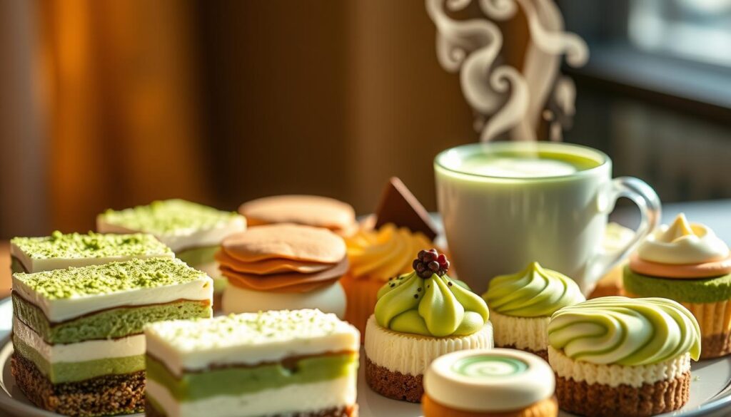 A meticulously crafted arrangement of vibrant matcha-infused desserts, bathed in warm, natural lighting and captured with a shallow depth of field. In the foreground, a platter showcases an array of delicate matcha-flavored treats - from elegant matcha tiramisu adorned with a dusting of green powder, to fluffy matcha sponge cakes layered with rich cream, and decadent matcha-swirled cheesecake bites. In the middle ground, a steaming cup of matcha latte stands tall, its frothy surface reflecting the soft hues of the surrounding desserts. The background is softly blurred, highlighting the focus on the exquisite matcha confections that take center stage, embodying the pioneering spirit of TSUJIRI and their mastery of this revered Japanese ingredient.