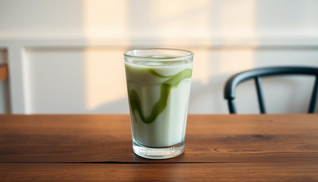 A meticulously crafted iced matcha latte, served in a clear glass tumbler, rests upon a wooden table. The vibrant green hue of the matcha powder gently swirls within the creamy, frothy milk, creating a mesmerizing gradient. Delicate light filters through the glass, casting a warm, golden glow across the scene. Surrounding the beverage, a minimalist, Scandinavian-inspired setting with clean lines and natural textures sets the stage, reflecting the cafe's dedication to quality and attention to detail. The overall mood is one of tranquility, inviting the viewer to savor the moment and appreciate the artistry of this expertly prepared matcha latte.