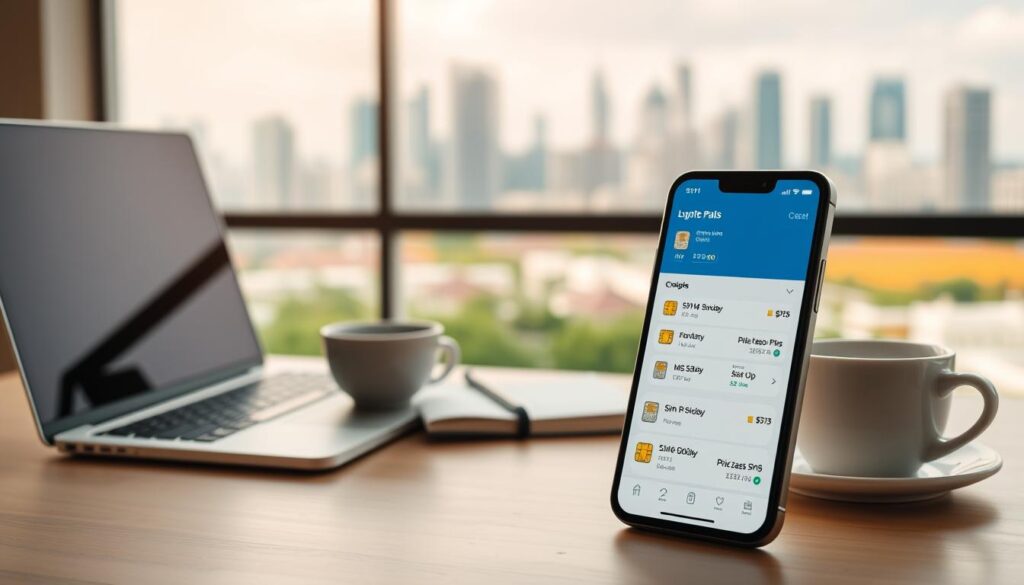 A meticulously crafted image of the "Best Budget SIM-Only Plans Under S$10" in Singapore. The foreground features a clean, well-designed smartphone screen displaying various SIM-only plan options, with clear icons and pricing details. The middle ground showcases a modern, minimalist workspace with a laptop, notebook, and a cup of coffee, hinting at the practical, on-the-go nature of these budget-friendly plans. The background is a blurred, cityscape view of Singapore's vibrant skyline, creating a sense of place and urban connectivity. The lighting is soft and natural, with warm tones that evoke a sense of efficiency and affordability. The overall composition is sleek, sophisticated, and visually appealing, perfectly capturing the essence of the article's subject matter.