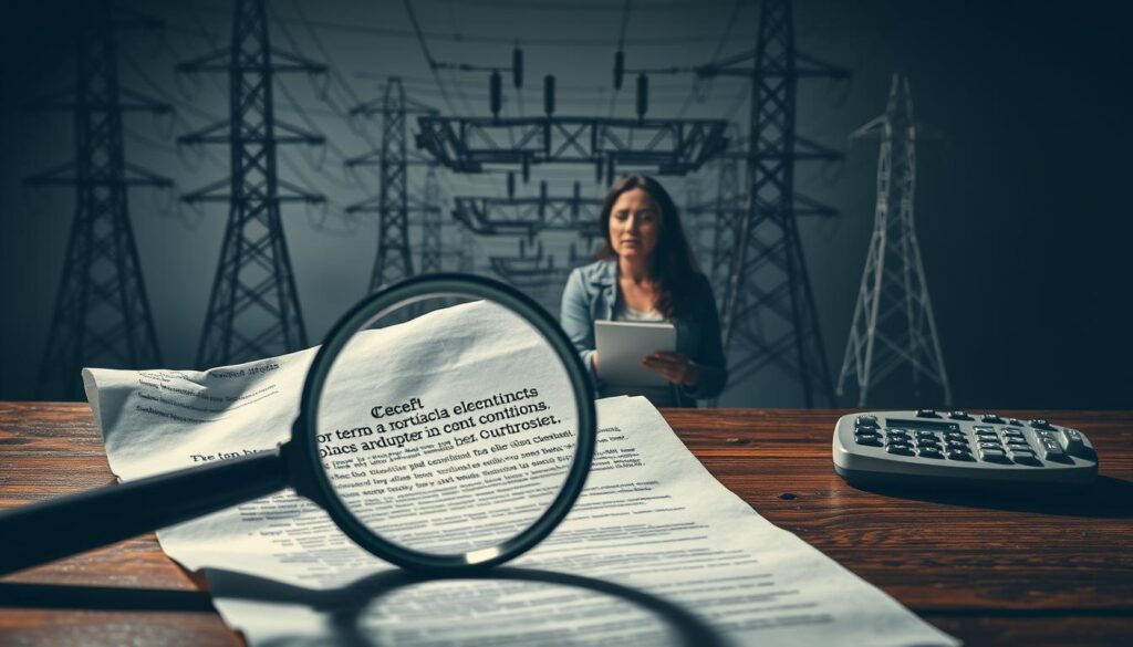 A meticulously crafted scene depicting the common pitfalls of electricity plan contracts. In the foreground, a magnifying glass scrutinizes a crumpled, fine-print contract, casting an ominous shadow. In the middle ground, a frustrated consumer grapples with a tangle of complex terms and conditions. The background features a maze-like arrangement of electrical pylons, symbolizing the confusion and complexities that often arise. Dramatic lighting casts sharp contrasts, creating a sense of unease and the need for caution. Subtle details, such as a calculator and a furrowed brow, reinforce the theme of financial and contractual pitfalls.