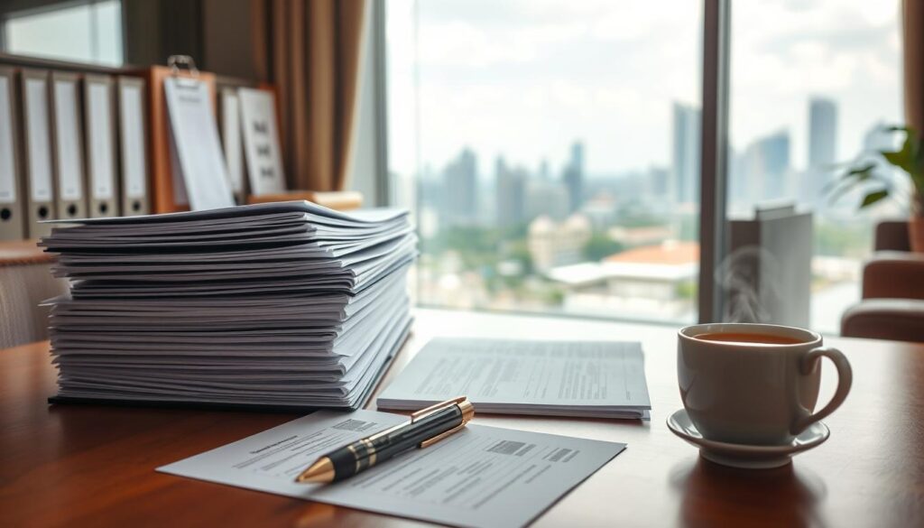 A meticulously crafted school application process in Singapore, depicted through a warm, inviting scene. In the foreground, a stack of application forms and documents sit atop a polished wooden desk, accompanied by a thoughtfully positioned fountain pen and a cup of steaming tea. The middle ground showcases a well-organized filing system, hinting at the meticulous attention to detail required. In the background, a panoramic view of the city skyline, representing the prestigious educational institutions that await successful applicants. Soft, natural lighting bathes the scene, creating a sense of calm and professionalism. The overall atmosphere conveys the seriousness and importance of the school application process in Singapore.