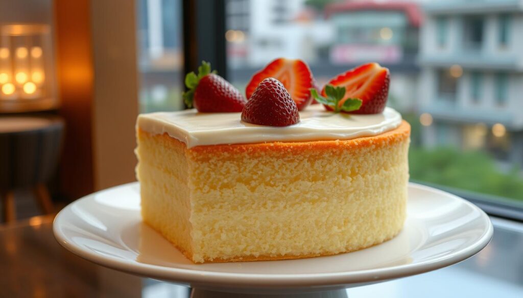 A meticulously crafted vanilla sponge cake by the renowned Chef Yamashita, set against a warm, inviting backdrop of the Tanjong Pagar neighborhood. The cake's delicate golden exterior reflects the soft lighting, hinting at the moist, pillowy interior. Freshly sliced strawberries adorn the top, their vibrant red hues complementing the creamy vanilla frosting. The entire scene is captured from a slightly elevated angle, highlighting the cake's elegant presentation on a pristine white plate. The atmosphere exudes a sense of refined simplicity, mirroring the master chef's dedication to perfection.