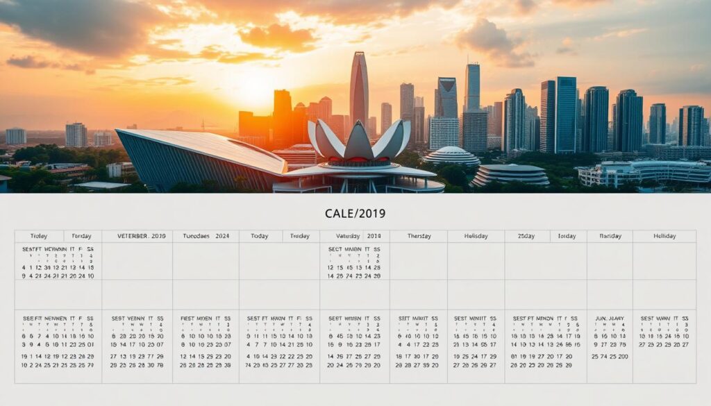 A meticulously designed academic calendar for a prestigious Singaporean polytechnic institute, showcasing its yearly curriculum and schedule. The foreground features a neatly organized grid of important dates, class schedules, and holidays, rendered in a clean, minimalist style. The middle ground depicts the polytechnic's campus, with modern, angular architecture bathed in warm, golden hour lighting. In the background, the vibrant cityscape of Singapore's business district serves as an inspiring backdrop, hinting at the polytechnic's connections to the professional world. The overall mood is one of precision, diligence, and the pursuit of academic excellence within a dynamic, cosmopolitan setting.