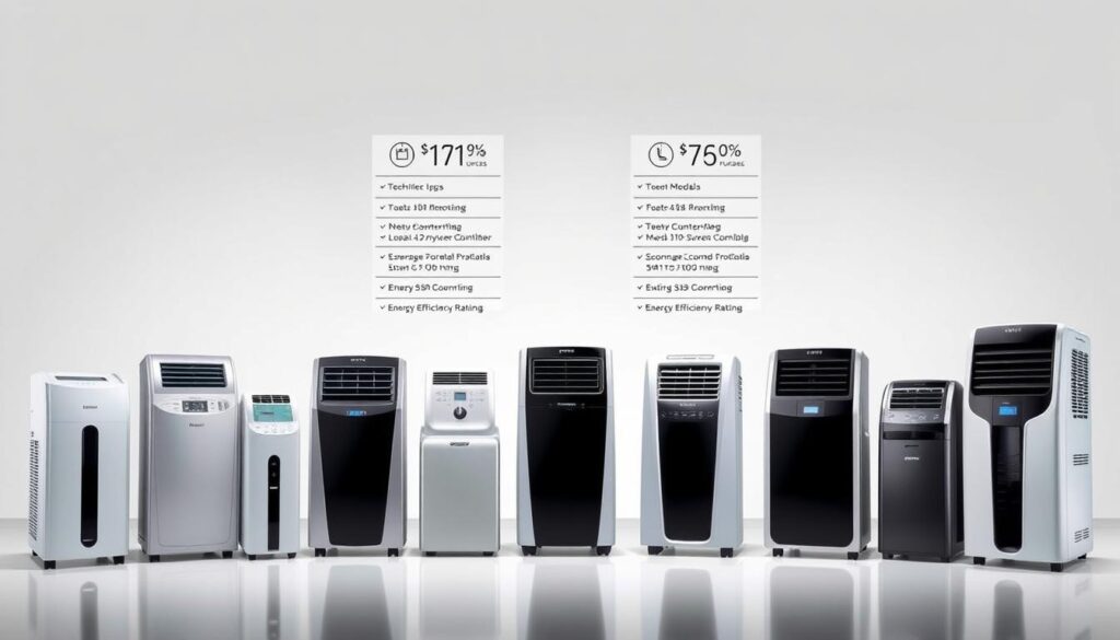 A meticulously detailed comparison of premium portable air conditioners, showcased in a well-lit studio setting. In the foreground, an array of sleek, modern units in various sizes and styles, their intuitive controls and digital displays prominently displayed. The middle ground features technical specifications, performance metrics, and energy efficiency ratings hovering above each model, conveying the key decision-making factors. The background depicts a serene, minimalist backdrop, allowing the portable ACs to take center stage and be evaluated objectively. Soft, directional lighting accentuates the clean lines and gleaming finishes, creating a sense of sophistication and professionalism. The overall mood is one of informed decision-making, guiding the viewer towards the best portable air conditioning solution for their needs.
